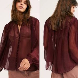 Free People boho blouse dark red sheer lon…